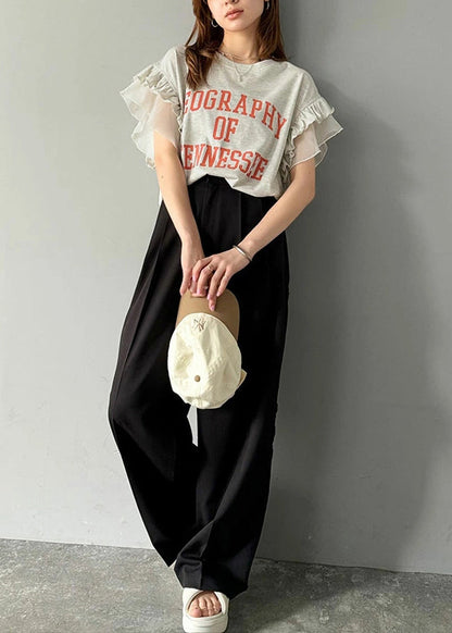 Grey Ruffled Patchwork Print Cotton Tops Summer
