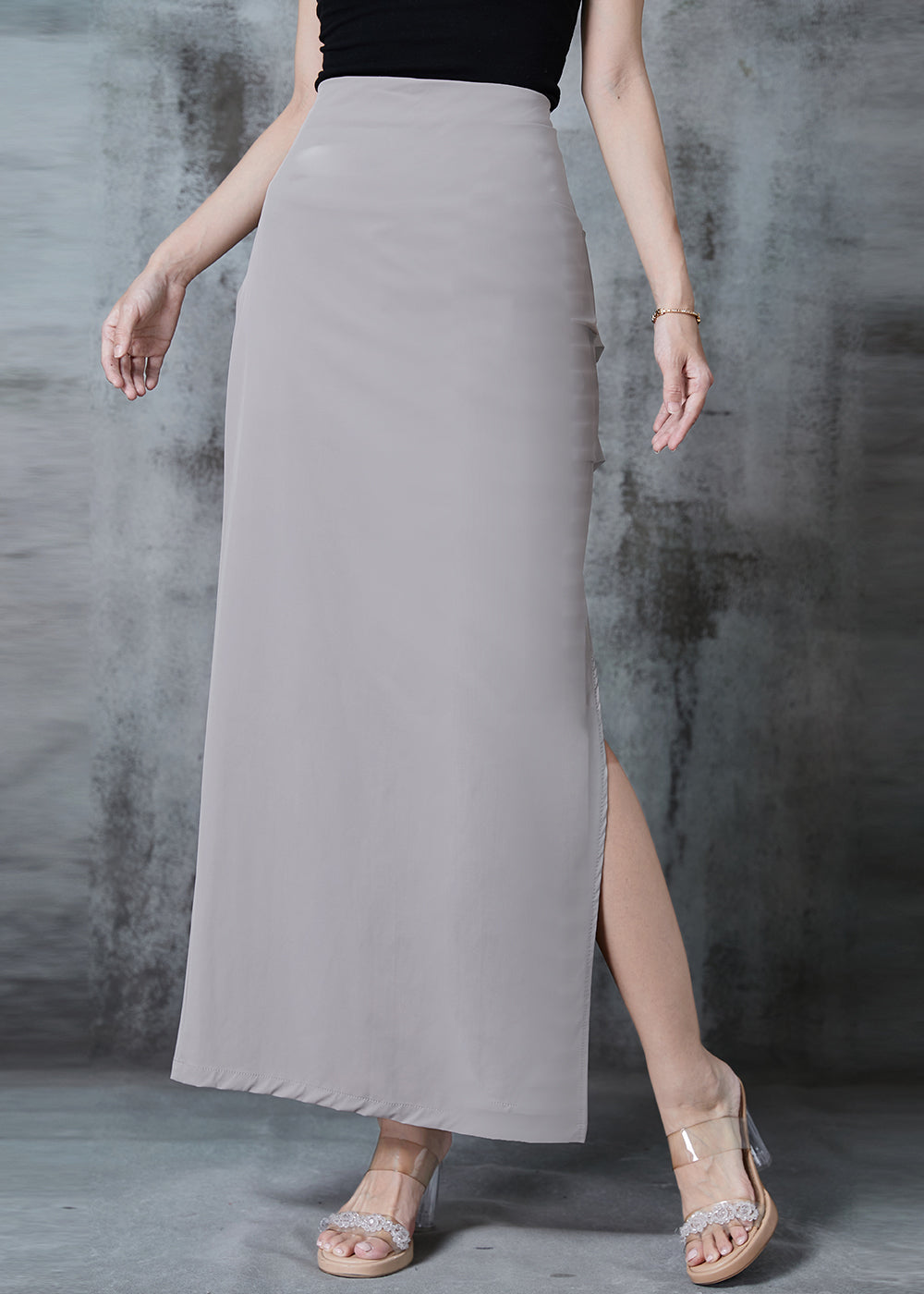 Grey Side Open Silm Fit Spandex Wraped Skirts Spring