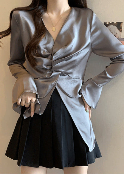 Chic Grey Side Open Wrinkled Silk Shirt Tops Fall