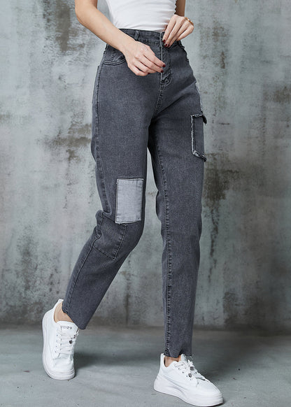 Grey Silm Fit Patchwork Applique Denim Pants Spring