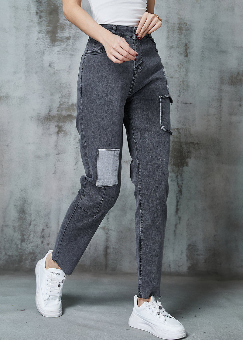 Grey Silm Fit Patchwork Applique Denim Pants Spring