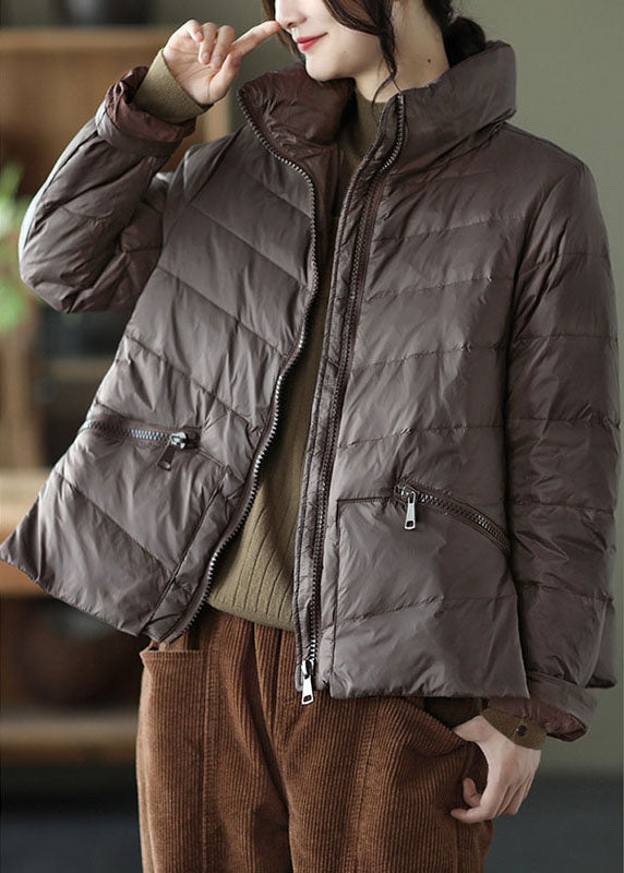 Grey Stand Collar Pockets Design Winter Thick Down Coats