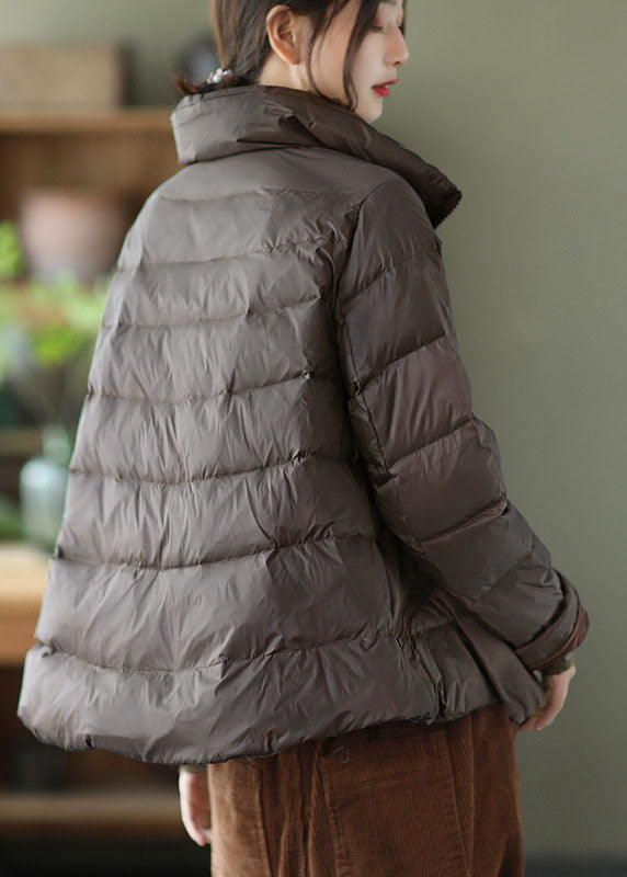 Grey Stand Collar Pockets Design Winter Thick Down Coats