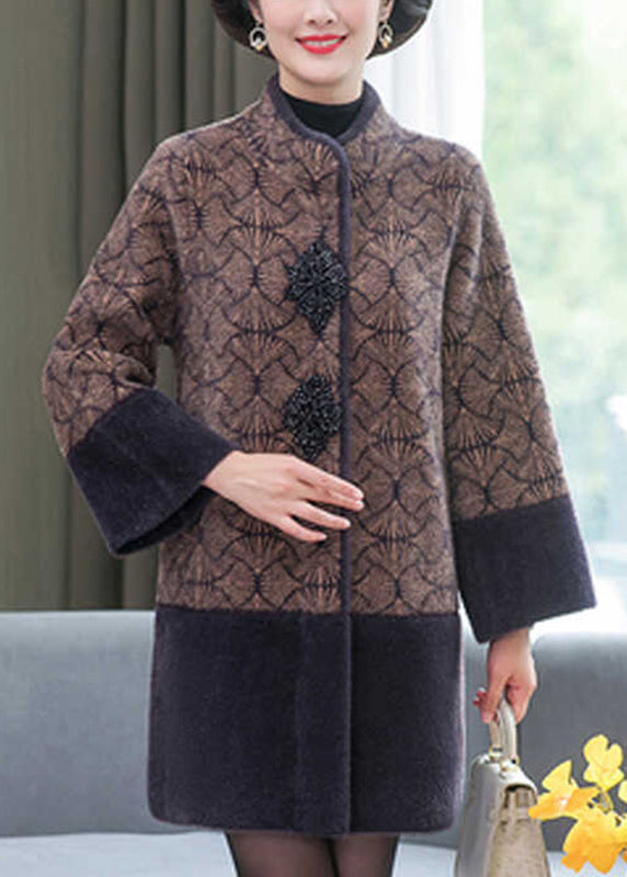 Grey Stand Collar Print Patchwork Mink Velvet Coats Spring