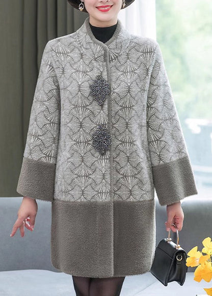 Grey Stand Collar Print Patchwork Mink Velvet Coats Spring