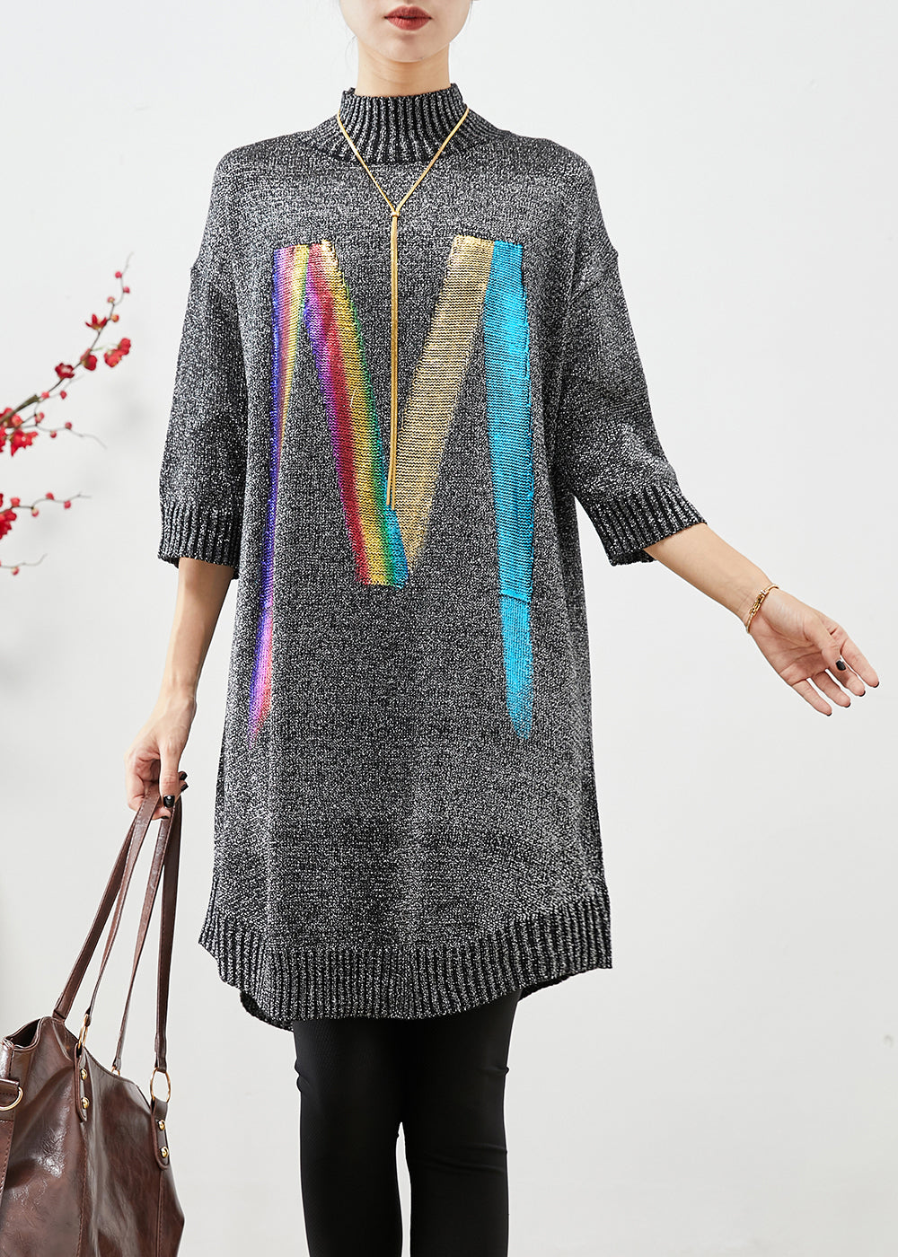 Grey Stand Collar Sequins Knit Sweater Dress Half Sleeve