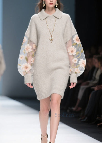 Grey Tulle Patchwork Knit Sweater Dress Winter