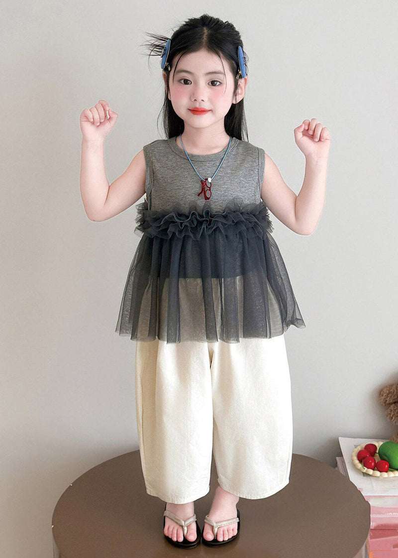 Grey Tulle Patchwork Kids Top and Wide Leg Pants Two Pieces Set Sleeveless