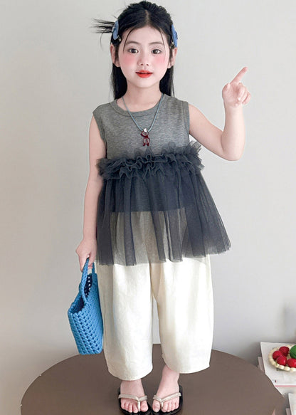 Grey Tulle Patchwork Kids Top and Wide Leg Pants Two Pieces Set Sleeveless