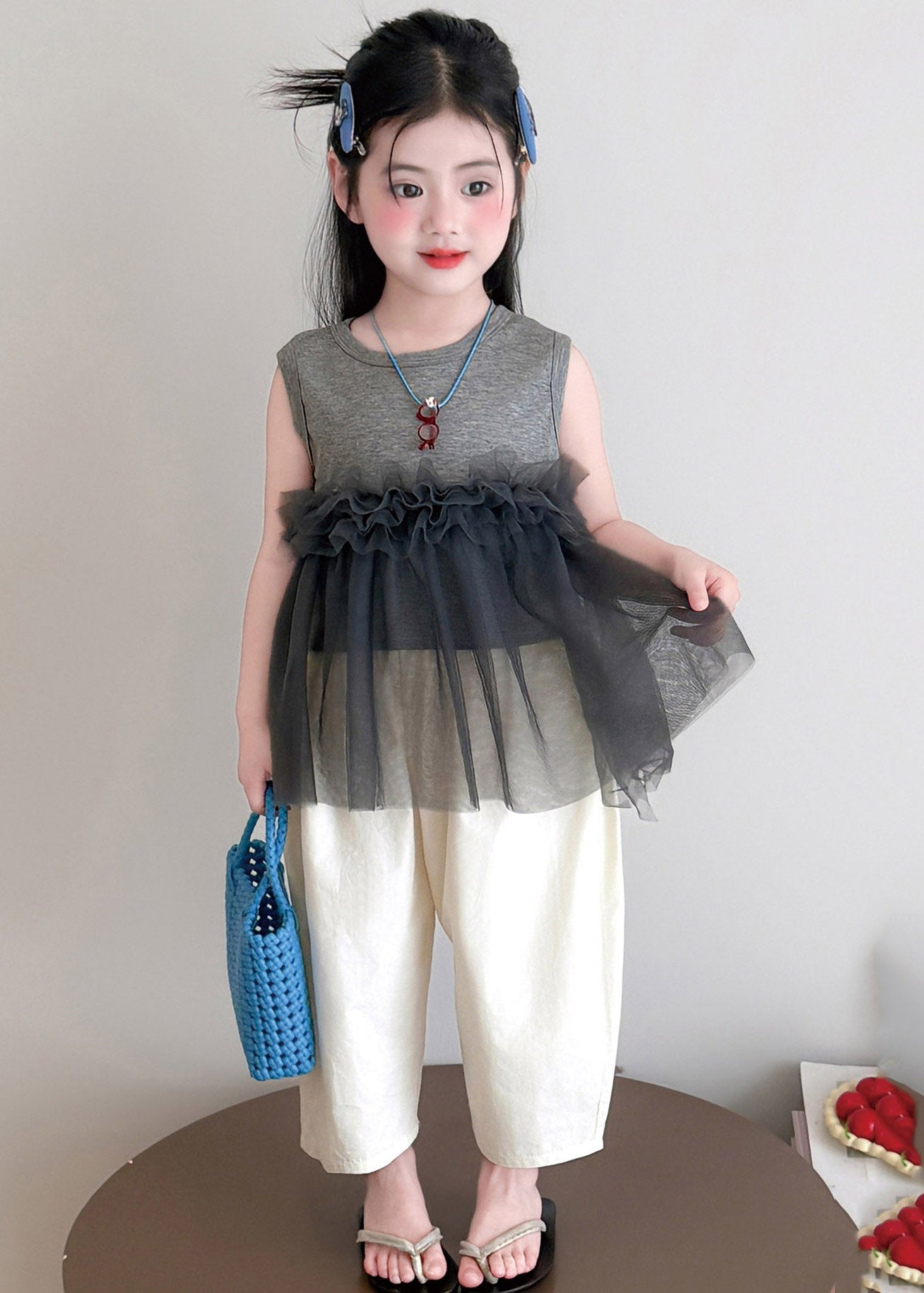 Grey Tulle Patchwork Kids Top and Wide Leg Pants Two Pieces Set Sleeveless