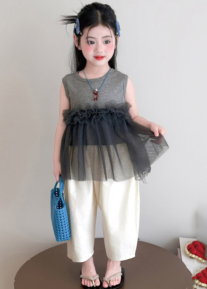 Grey Tulle Patchwork Kids Top and Wide Leg Pants Two Pieces Set Sleeveless