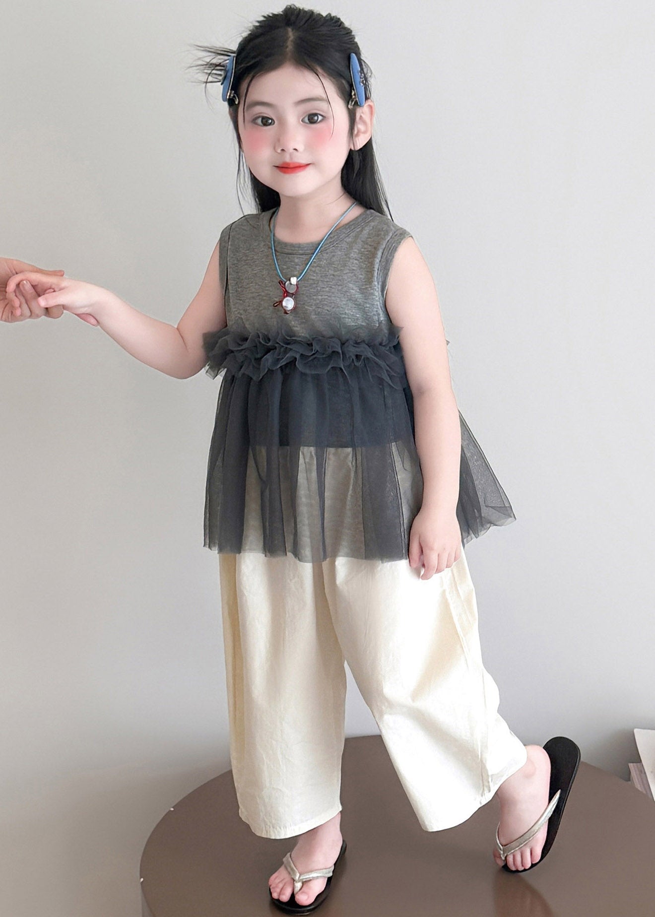 Grey Tulle Patchwork Kids Top and Wide Leg Pants Two Pieces Set Sleeveless