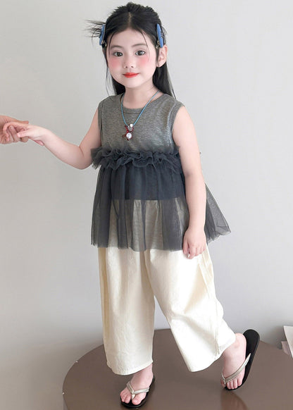 Grey Tulle Patchwork Kids Top and Wide Leg Pants Two Pieces Set Sleeveless