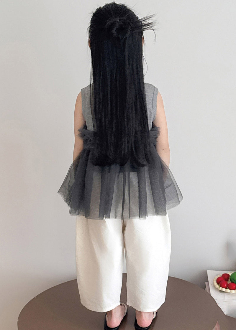 Grey Tulle Patchwork Kids Top and Wide Leg Pants Two Pieces Set Sleeveless