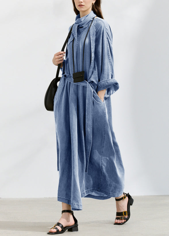 Grey Turtle Neck Pockets Lace Up Denim Long Dresses Fall