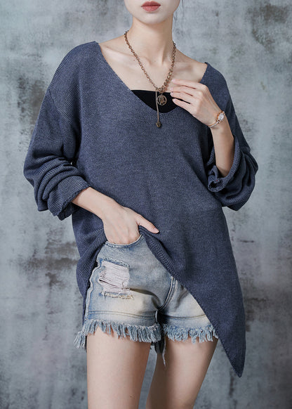 Grey V Neck Asymmetrical Design Knit Sweaters Spring