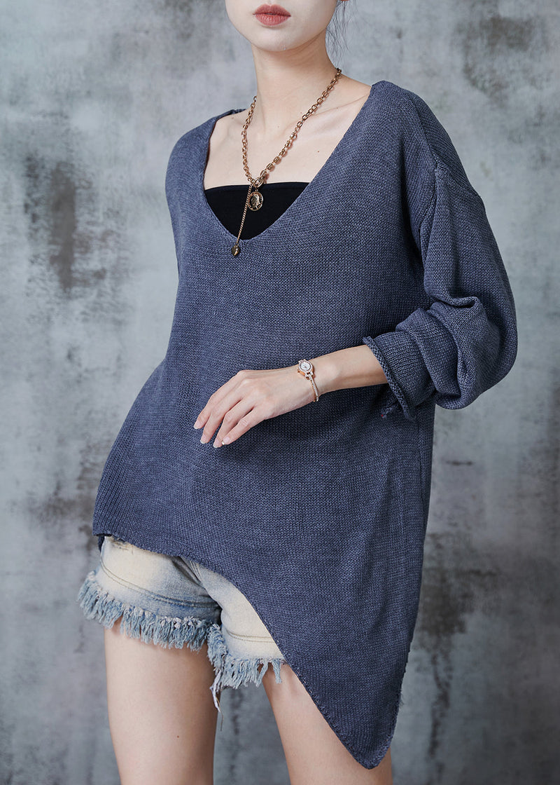 Grey V Neck Asymmetrical Design Knit Sweaters Spring
