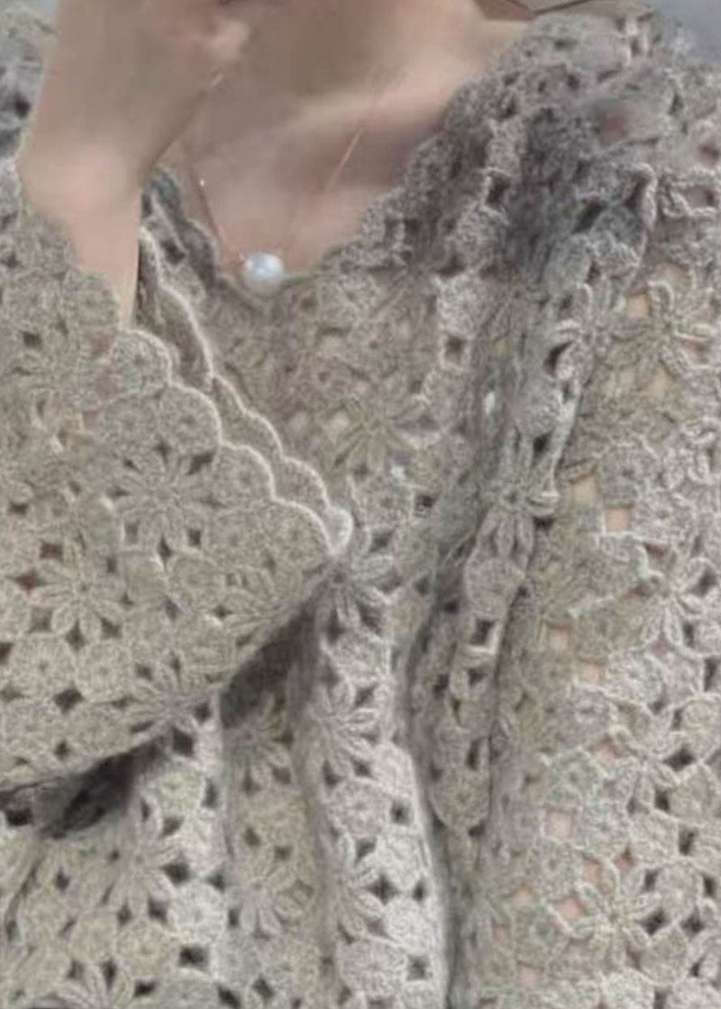 Grey V Neck Hollow Out Knit Tops Fall