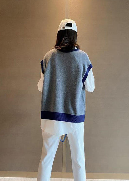 Grey V Neck Jacquard Patchwork Knit Vest Sleeveless