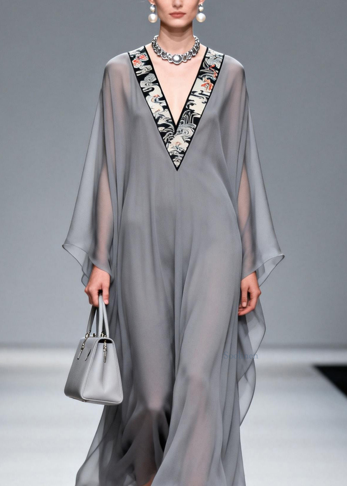 Grey V Neck Patchwork Chiffon Long Dress Spring