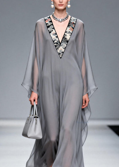 Grey V Neck Patchwork Chiffon Long Dress Spring
