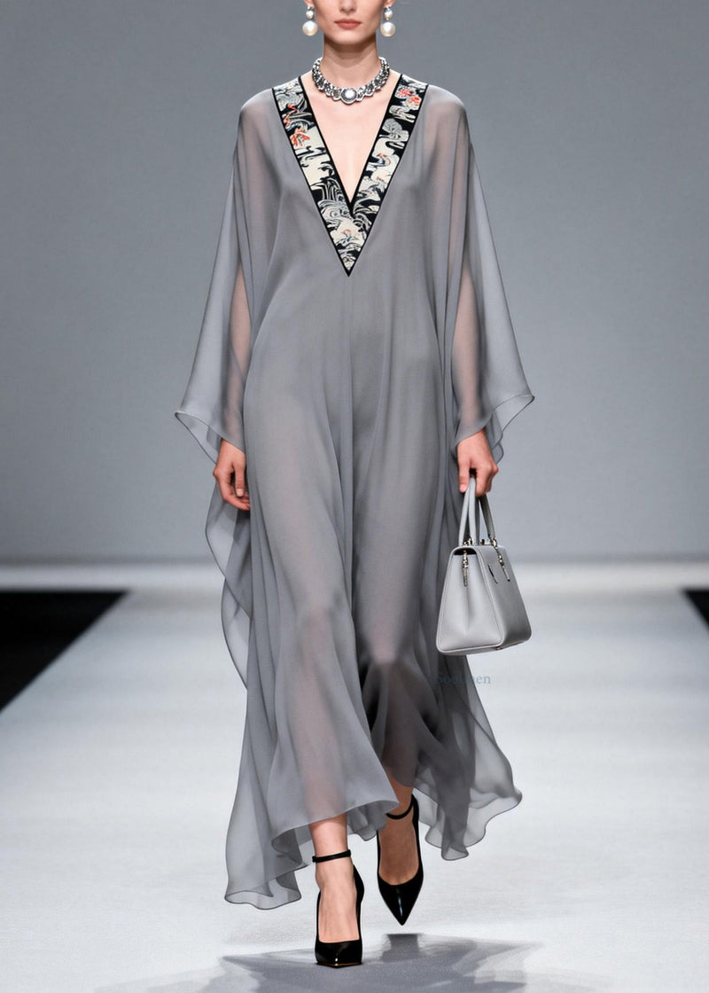 Grey V Neck Patchwork Chiffon Long Dress Spring