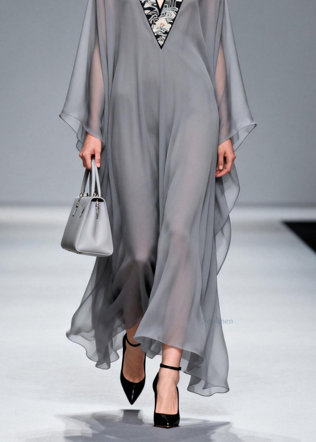 Grey V Neck Patchwork Chiffon Long Dress Spring