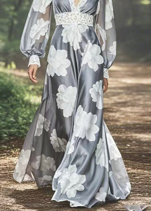 Grey V Neck Print Patchwork Silk Long Dresses Spring