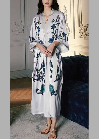 Grey V Neck Print Tie Waist Silk Long Rose Long Sleeve