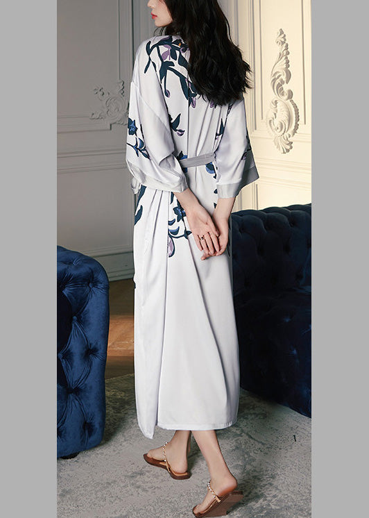 Grey V Neck Print Tie Waist Silk Long Rose Long Sleeve