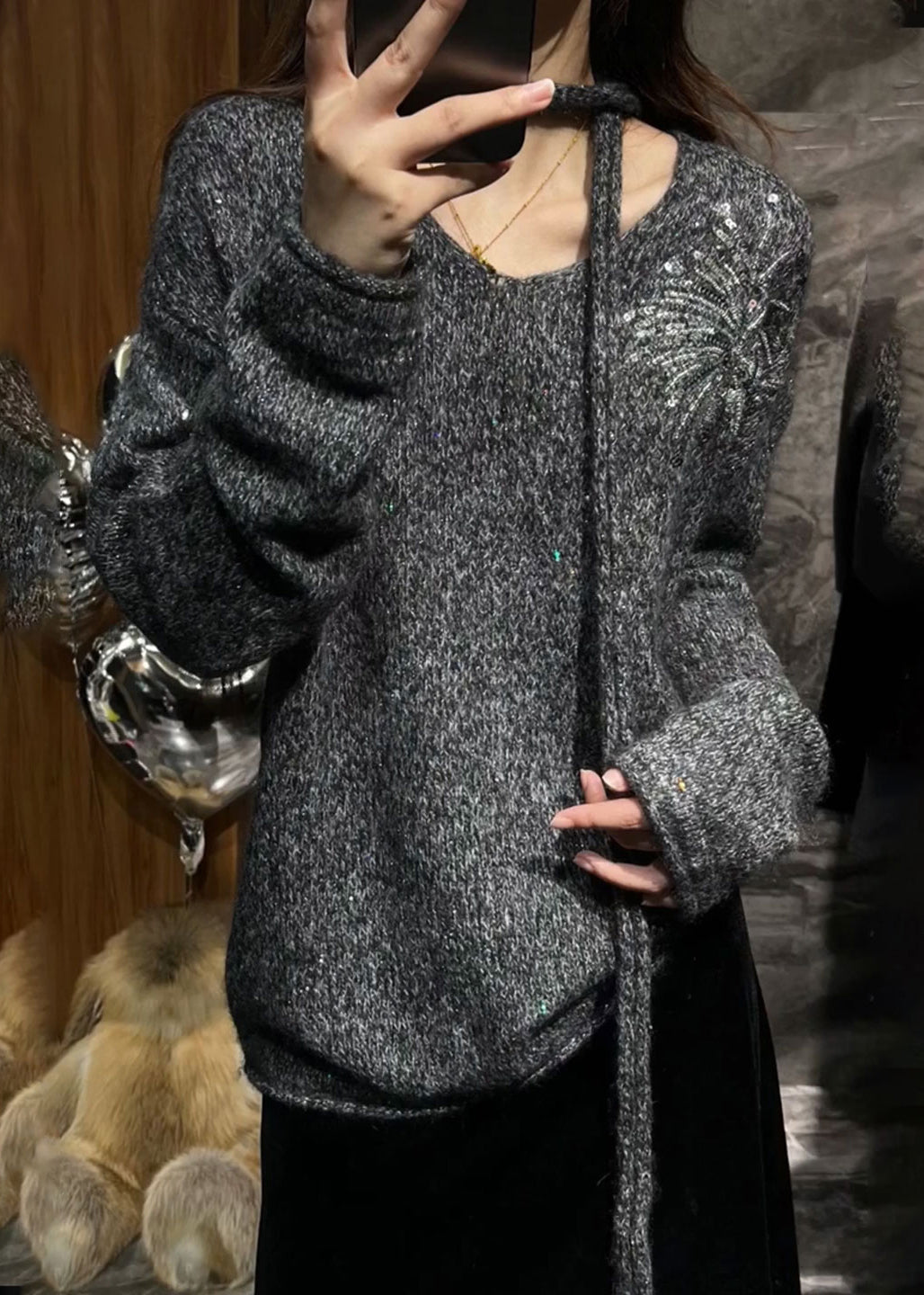 Grey V Neck Sequins Cotton Knit Sweater Spring