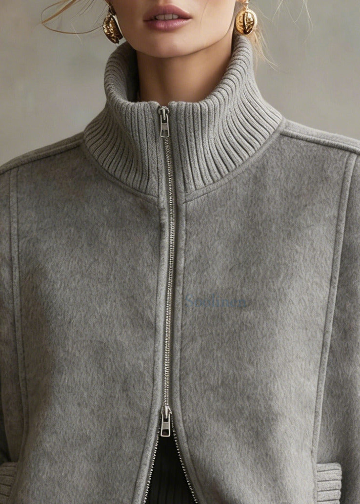 Grey Zip Up Patchwork Woolen Coats Short Sleeve