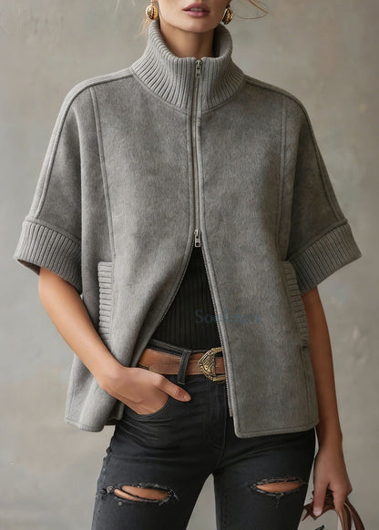 Grey Zip Up Patchwork Woolen Coats Short Sleeve