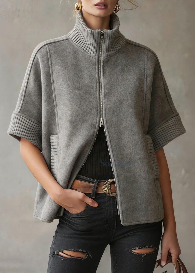 Grey Zip Up Patchwork Woolen Coats Short Sleeve