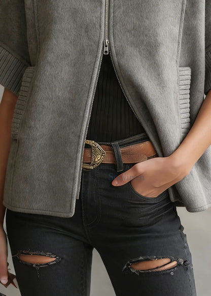 Grey Zip Up Patchwork Woolen Coats Short Sleeve