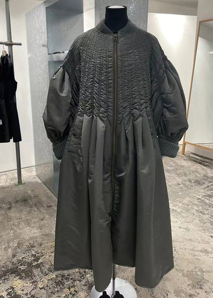 Grey Zip Up Wrinkled Pockets Patchwork Fine Cotton Filled Coat Winter