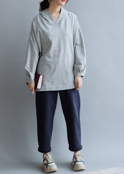 Grey Elastic Waist Cotton Straight Pants Spring