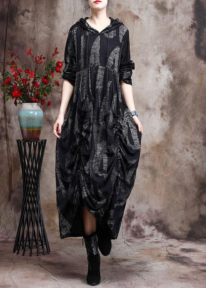Hoodie Baggy Maxi Dresses Black Print Long Dresses