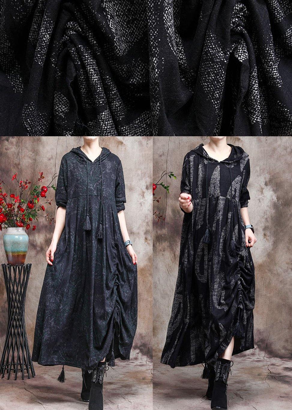 Hoodie Baggy Maxi Dresses Black Print Long Dresses