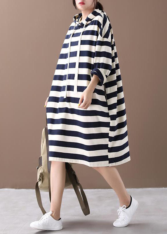 Hooded Striped Cotton Sweatshirt Street Wear Dress Spring