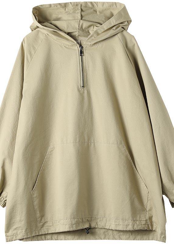 Chic Hooded Zip Up Spring Clothes For Women Work Outfits Khaki Blouses