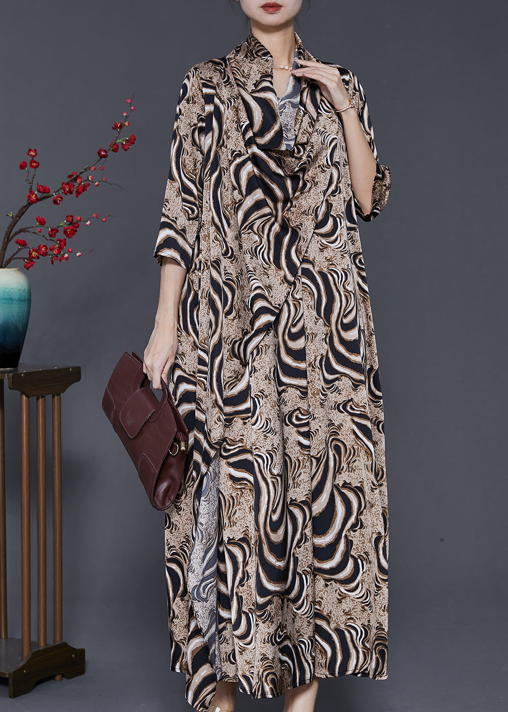 Khaki Asymmetrical Leopard Print Silk Dresses Summer