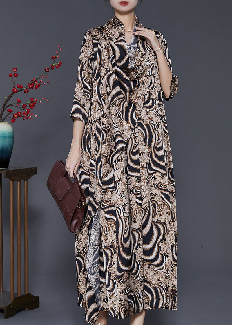 Khaki Asymmetrical Leopard Print Silk Dresses Summer