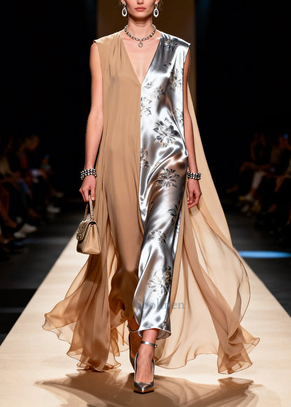 Khaki Asymmetrical Patchwork Chiffon Vacation Dress Sleeveless