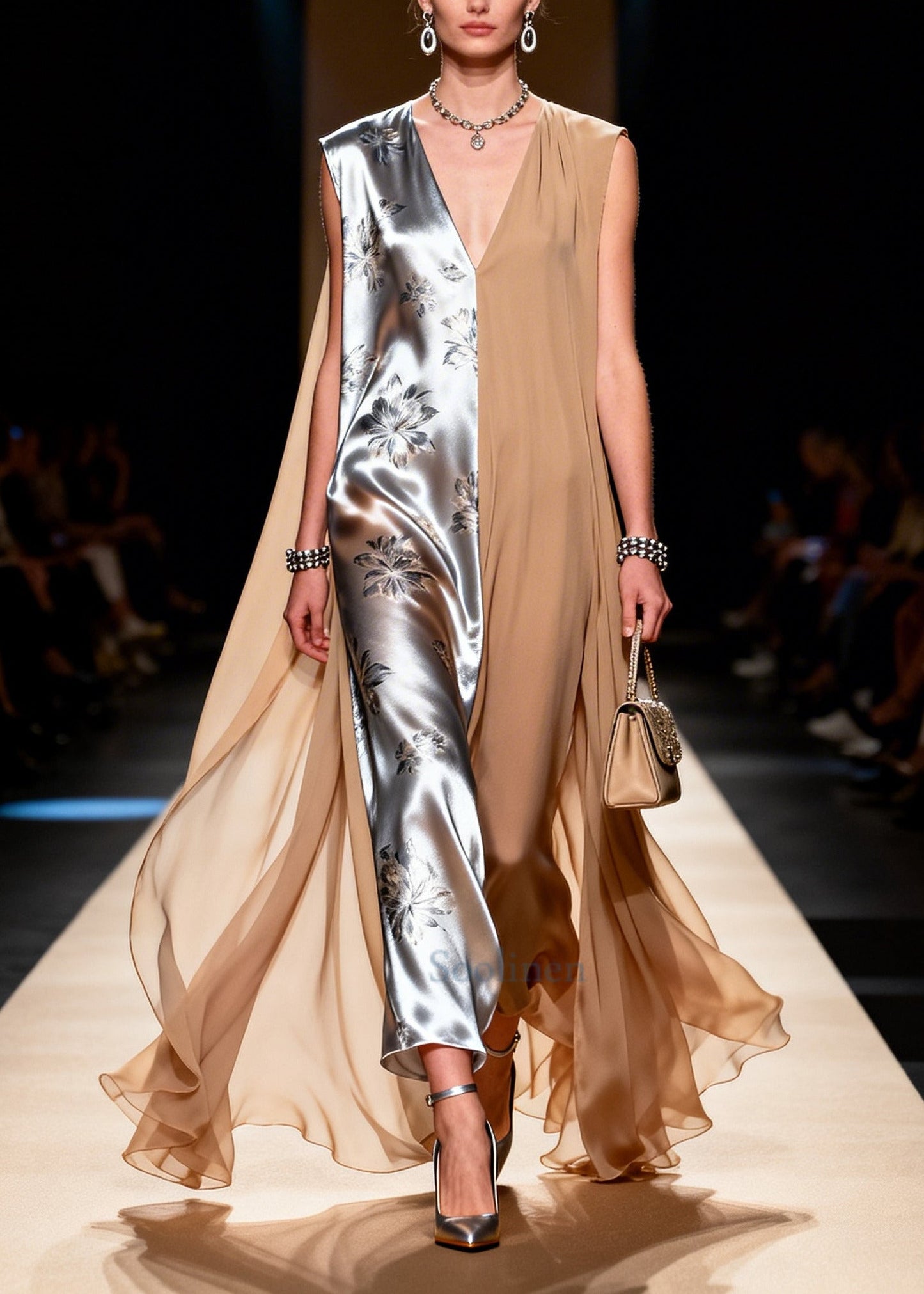 Khaki Asymmetrical Patchwork Chiffon Vacation Dress Sleeveless