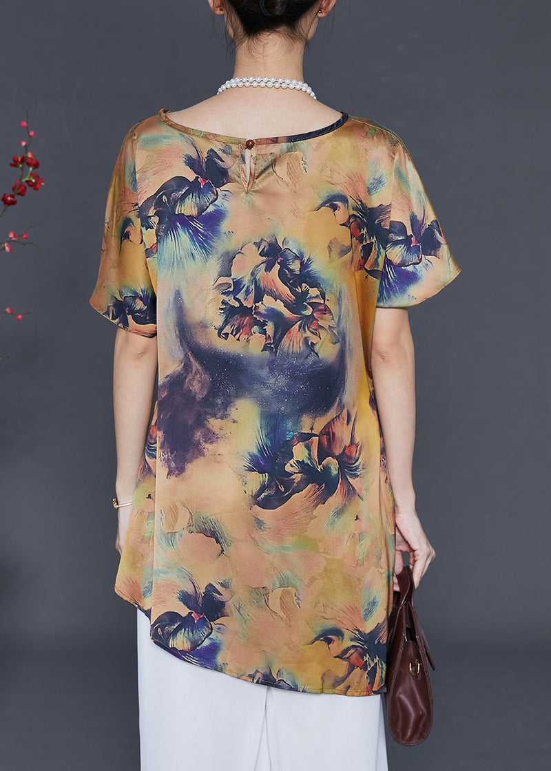 Khaki Asymmetrical Print Silk Tops Summer