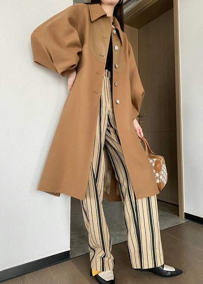 Khaki Button Tie Waist Patchwork Woolen Trench Coats Lantern Sleeve