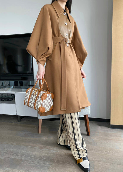 Khaki Button Tie Waist Patchwork Woolen Trench Coats Lantern Sleeve