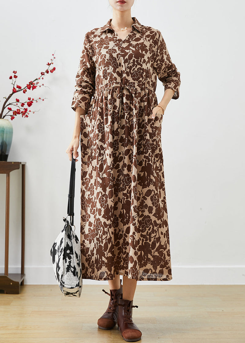 Khaki Cinched Print Cotton Long Dresses Fall