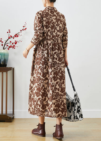 Khaki Cinched Print Cotton Long Dresses Fall
